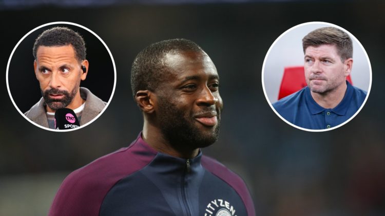 Yaya Toure of Manchester City during the Premier League match with insets of Steven Gerrard coach of Al Ettifaq looks on prior the Saudi Pro League...