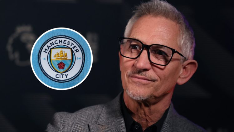 Gary Lineker with inset of Manchester City badge