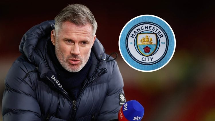 Jamie Carragher with inset of Manchester City crest
