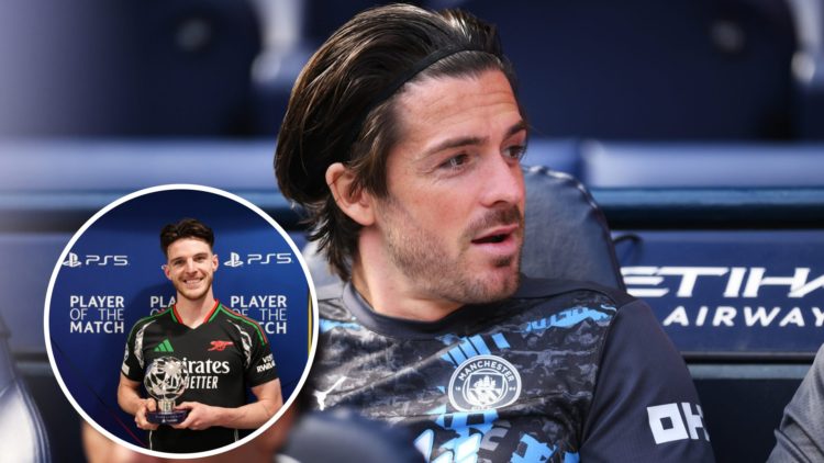 Split image - Inset of Declan Rice holding the Player of the Match award after an impressive display for Arsenal against Real Madrid (bottom left) ...