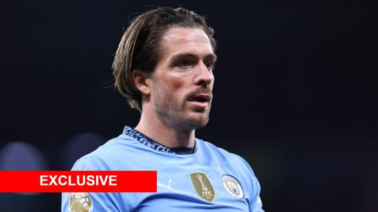 Close up of Jack Grealish's face while playing for Man City with an exclusive banner in the bottom left corner