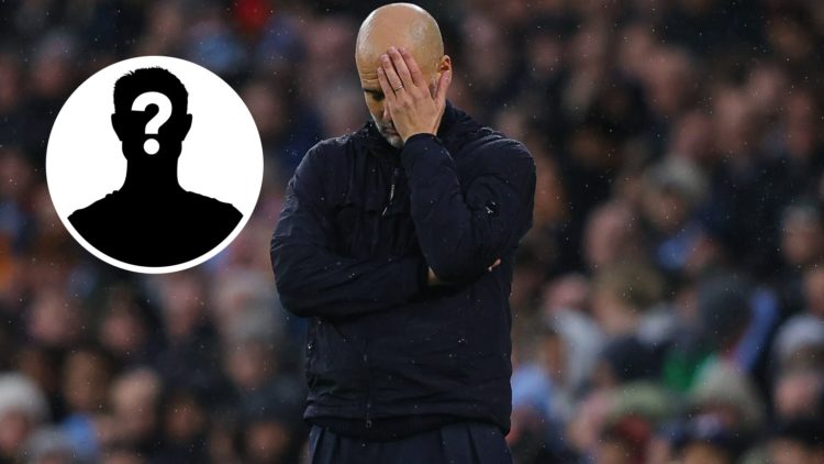 Split image - Mystery player inset (top right corner) Pep Guardiola with his hand on his face after Man City concede a goal (right)