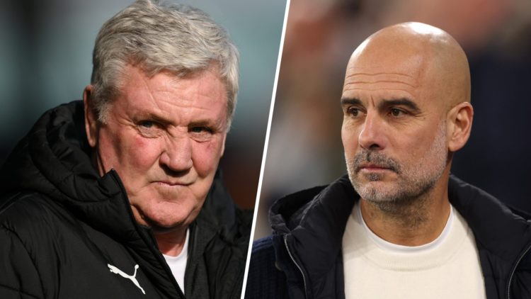 Split image - close up of Steve Bruce while managing Blackpool (left) close up of Pep Guardiola's face (right)