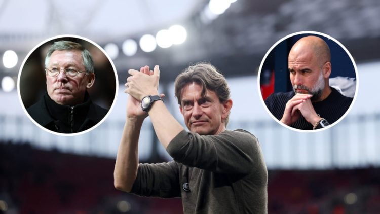 Thomas Frank with insets of Sir Alex Ferguson and Pep Guardiola