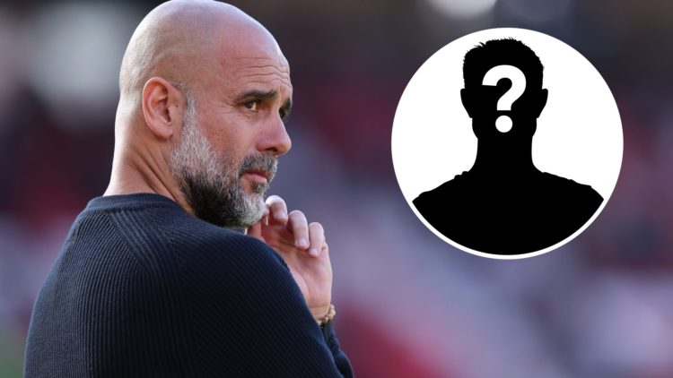 Close up of Pep Guardiola with one hand on his chin with a mystery player inset in the top right corner.