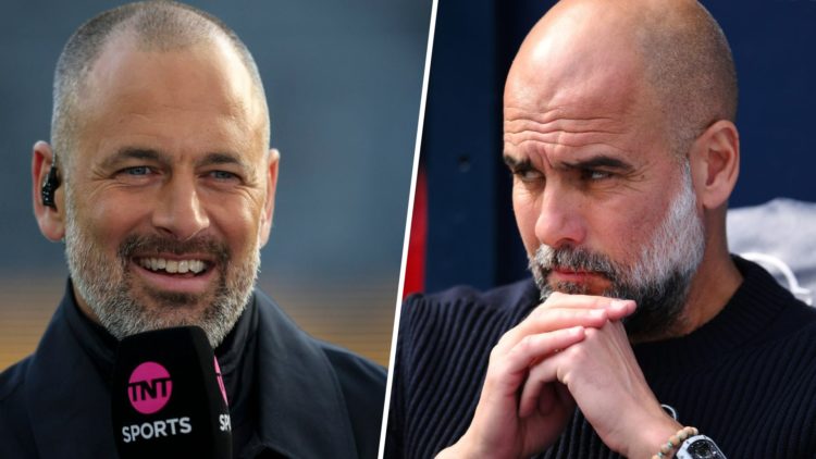 Split Image- Joe Cole talking into a microphone (left) Pep Guardiola on the Man City bench with his hands on his chin (right)