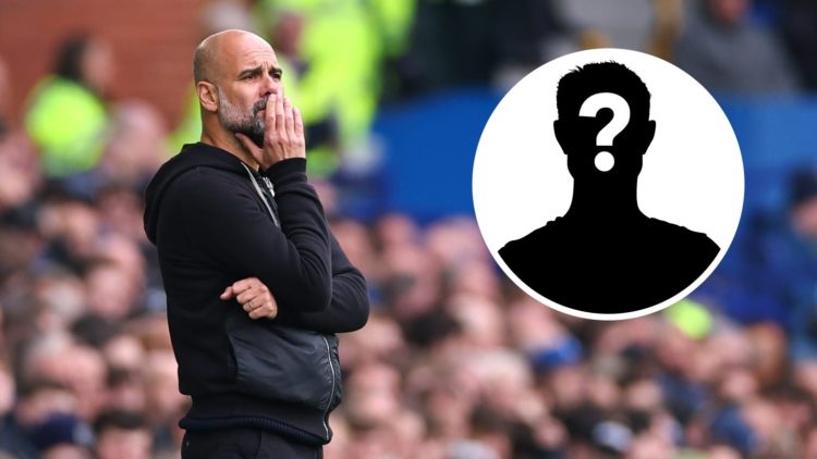 Manchester City manager Pep Guardiola looks on against Everton (left), mystery player icon (right)