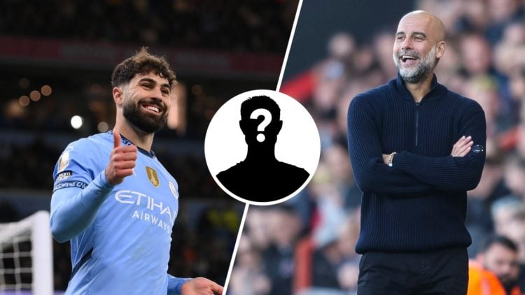 Josko Gvardiol celebrates (left), Manchester City manager Pep Guardiola looks on (right), mystery player inset (centre)