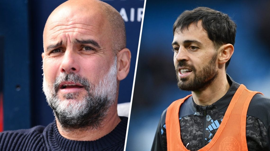 Split image - Close up of Pep Guardiola's face on the Man City bench (left) close up of Bernardo Silva smiling (right)