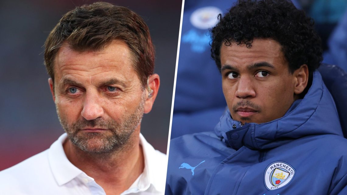 Split image - Close up of Tim Sherwood's face while doing punditry (left) Oscar Bobb's face while sitting on the Man City bench (right)
