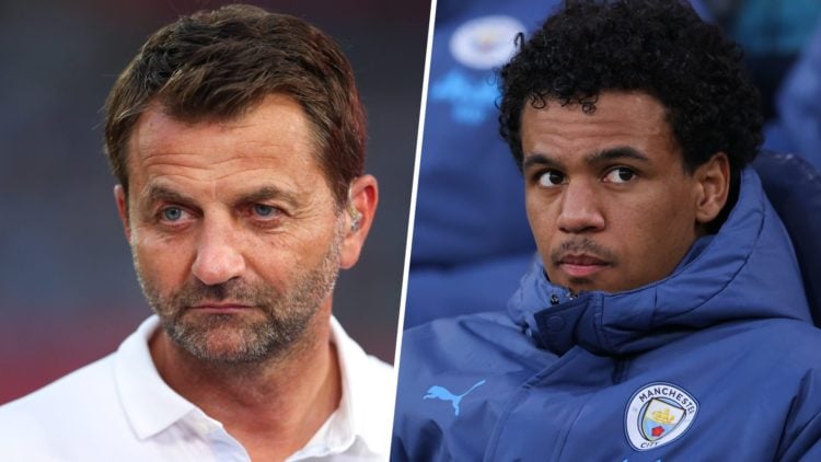 Split image - Close up of Tim Sherwood's face while doing punditry (left) Oscar Bobb's face while sitting on the Man City bench (right)