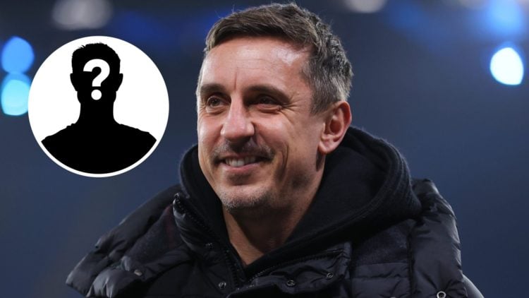 Close up of Gary Neville's face whilst doing punditry with a mystery player inset in the top left corner.