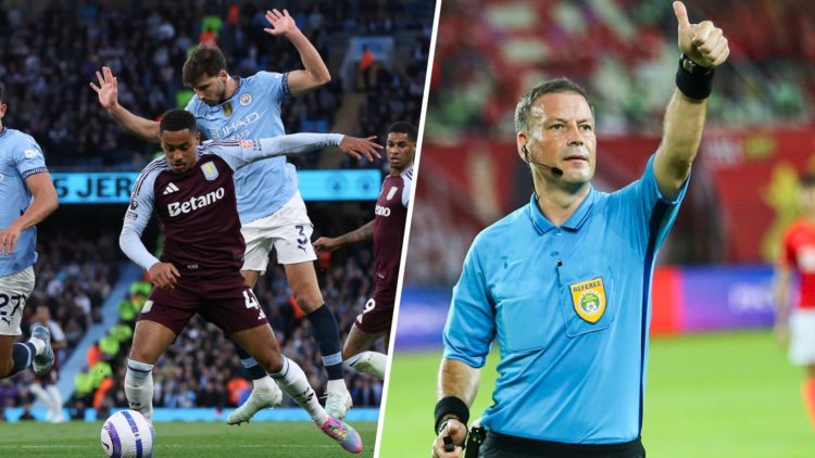 Split image - Ruben Dias of Man City clips the heel of Aston Villa star Jacob Ramsey in the box (left) referee Mark Clattenburg with his arm over h...