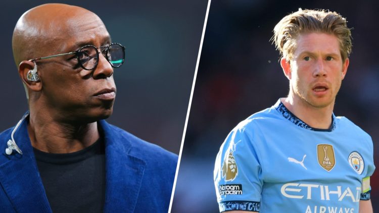 Split image - Ian Wright looks into the distance while doing punditry on an England match (left) close up of Kevin de Bruyne playing for Man City (...