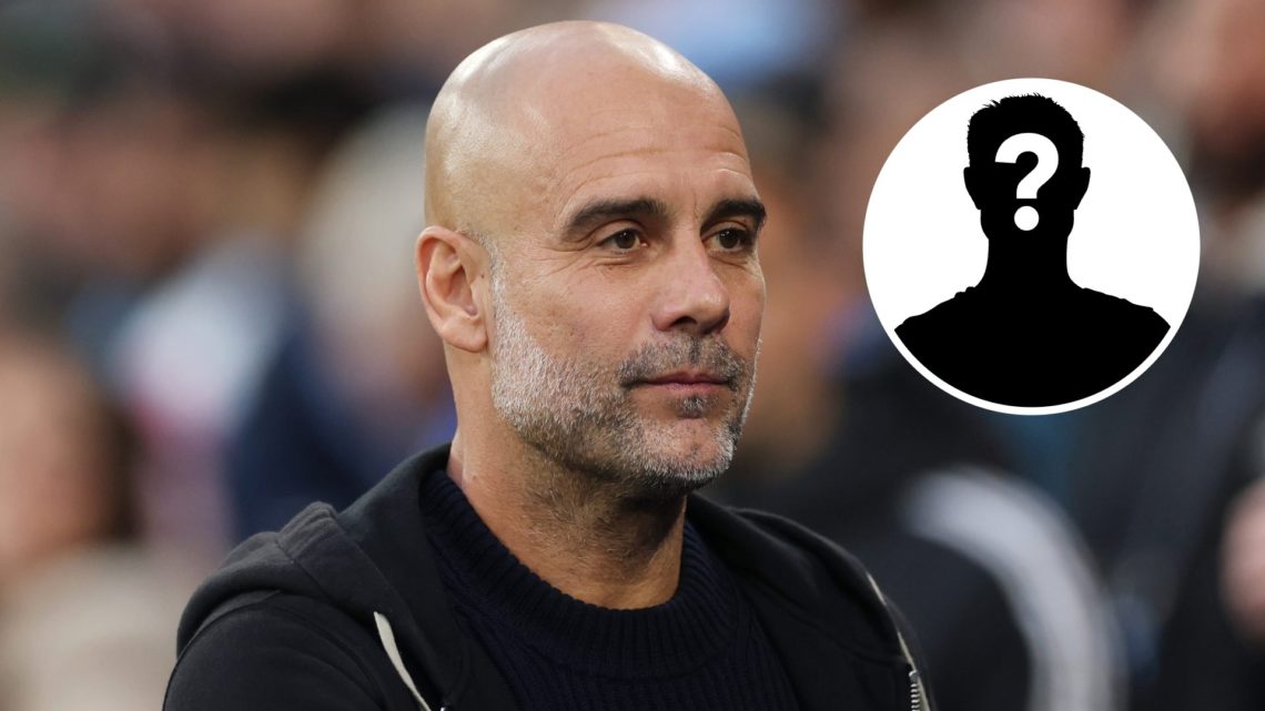 Main image of Pep Guardiola's face up close while smirking with a mystery player inset in the top right corner.