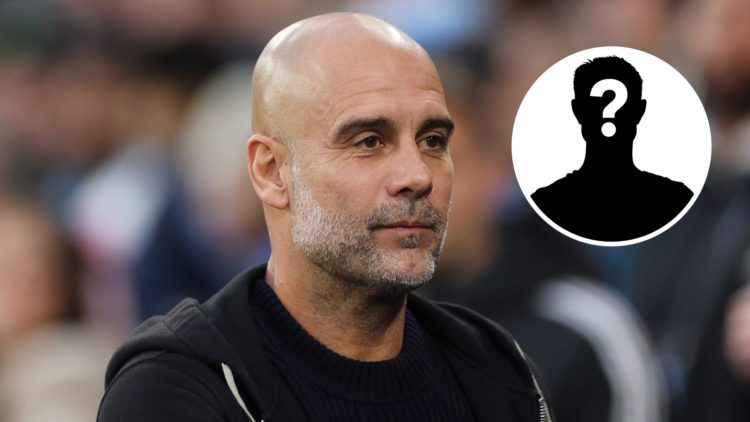 Main image of Pep Guardiola's face up close while smirking with a mystery player inset in the top right corner.