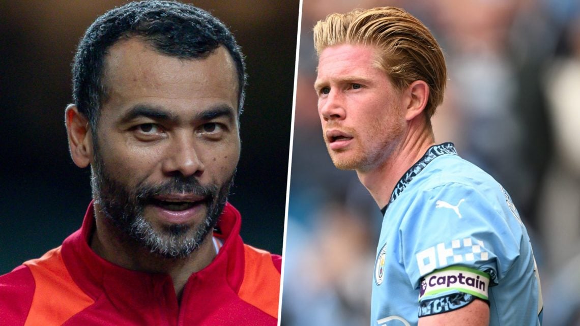 Split image - Close up of Ashley Cole's face (left), Kevin De Bruyne looking serious during a Man City game (right)