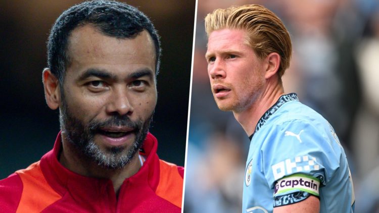 Split image - Close up of Ashley Cole's face (left), Kevin De Bruyne looking serious during a Man City game (right)