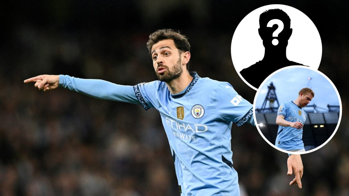 Bernardo Silva pointing during Man City vs Aston Villa (main image) mystery player inset alongside an inset of Kevin De Bruyne with his head down(t...
