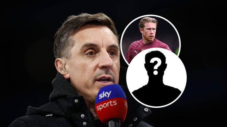 Gary Neville with insets of Manchester City star Kevin De Bruyne and mystery silhouette