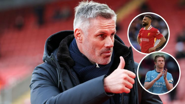 Jamie Carragher gives a thumbs up (main image) Inset of Mohamed Salah with his hands on his hips (top right) close up of Kevin De Bruyne clapping (...