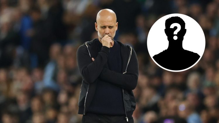 Pep Guardiola looking concerned with his eyes closed and his hand on his chin (main image) Mystery player inset (top right corner)