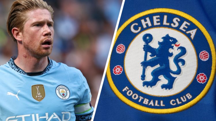 Split image of Kevin De Bruyne next to a photo of the Chelsea badge