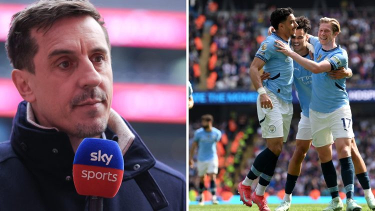 Split image - Gary Neville speaking into a Sky Sports microphone (left) Kevin De Bruyne hugging Man City teammates Omar Marmoush and Nico O'Reilly ...
