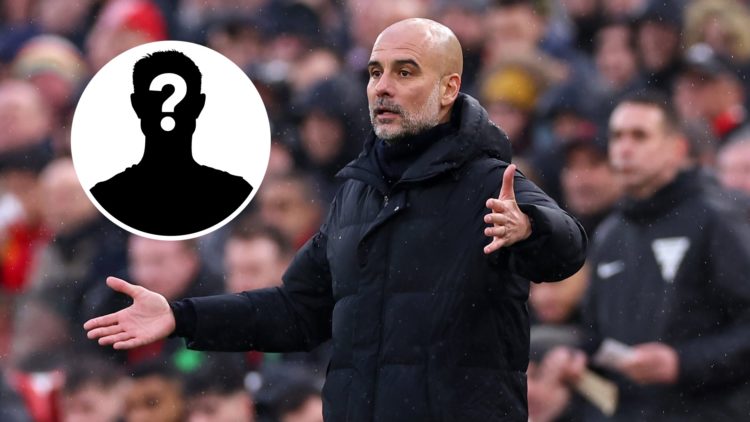 Pep Guardiola looking confused with his arms out wide (main image) Mystery player inset (top left corner)