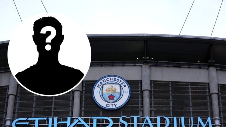 An image of the Etihad Stadium with an inset of a mystery figure