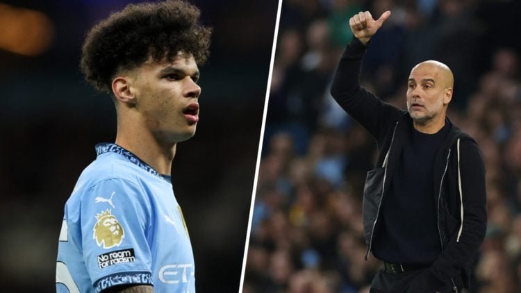 Split image - Close up of Nico O'Reilly in action for Man City (left) Pep Guardiola giving a thumbs up on the sideline (right)
