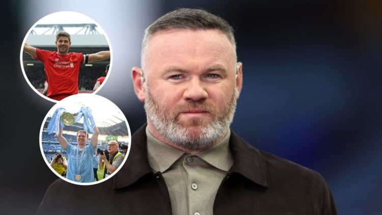 Close up of Wayne Rooney working as a pundit (Main image) inset of Steven Gerrard in a Liverpool jersey with his arms out wide (top left) Kevin De ...