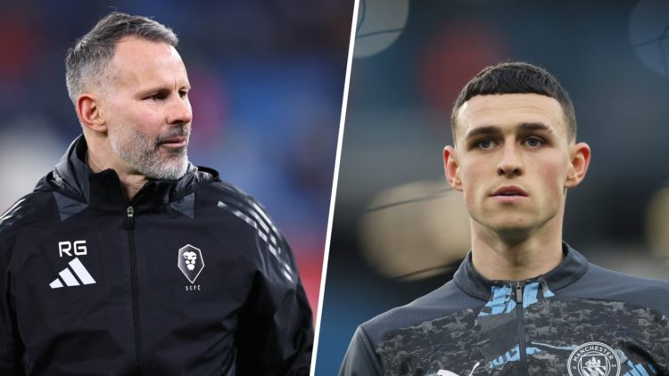 Split Image - Ryan Giggs coaching in a Salford jacket (left) close up of Phil Foden ahead of a Man City match (right)