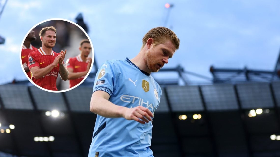 Manchester City star Kevin De Bruyne with inset of Liverpool ace Alexis Mac Allister