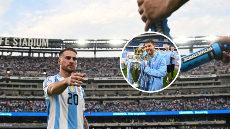 Alexis Mac Allister with inset of Manchester City legend Sergio Aguero