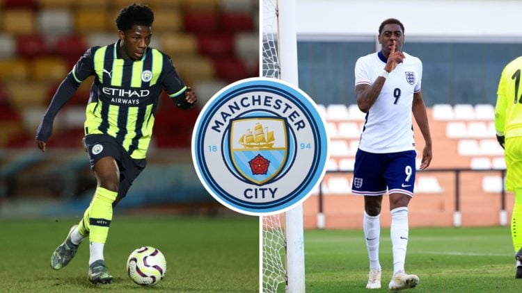 Split image of Ryan McAidoo and Divin Mubama with inset of Manchester City badge