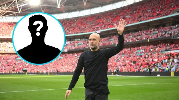Manchester City manager Pep Guardiola soaks up the applause at Wembley (central), mystery player (inset)
