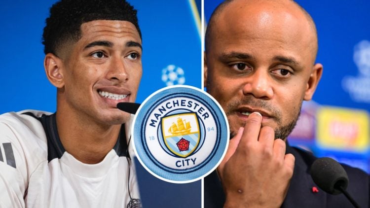 Split image of Jude Bellingham and Vincent Kompany with Manchester City's badge centrally