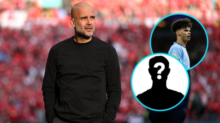 Manchester City manager Pep Guardiola at Wembley (central), mystery player (inset left), Nico O'Reilly (inset right)