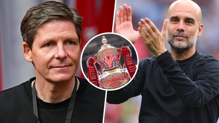 Split image of Oliver Glasner and Pep Guardiola, FA Cup trophy inset