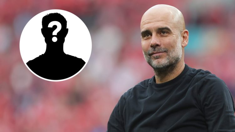 Close up of Pep Guardiola smiling (main image) mystery player inset (top left corner)