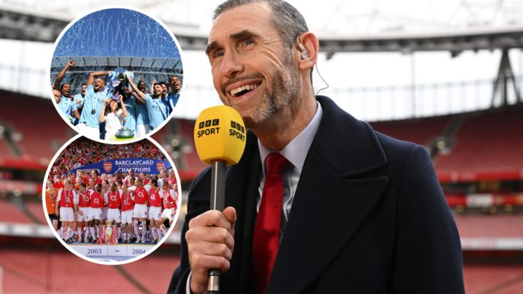 Martin Keown smiling while speaking into a BBC microphone (main image) Inset of Vincent Kompany lifting the Premier League trophy (top left corner)...