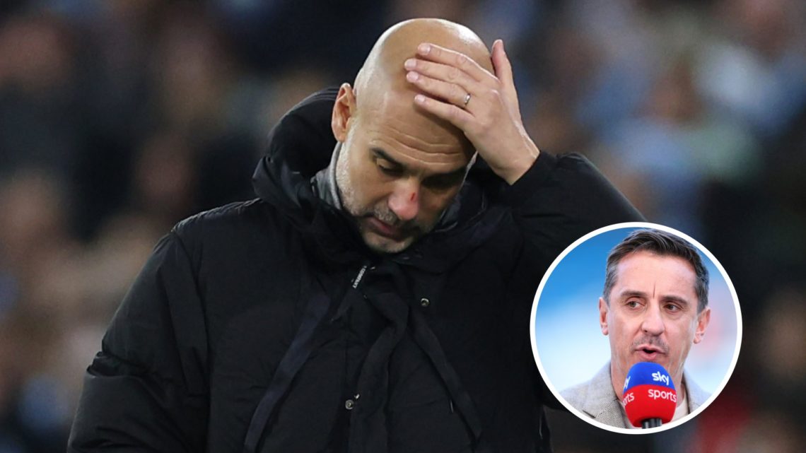 A concerned Pep Guardiola with his hand on his forehead (main image) an inset of Gary Neville speaking into a Sky Sports microphone (bottom right)