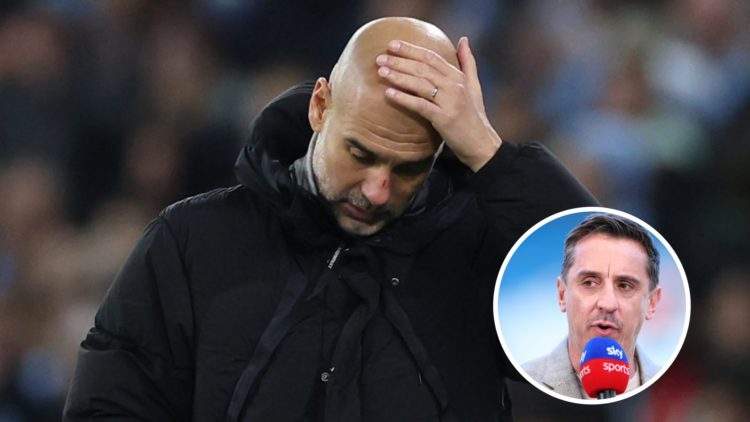 A concerned Pep Guardiola with his hand on his forehead (main image) an inset of Gary Neville speaking into a Sky Sports microphone (bottom right)
