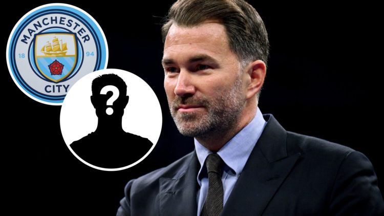 An image of Eddie Hearn with an inset of the Man City badge and a mystery figure