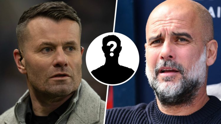 Split image- Shay Given concentrating while doing punditry work (left) mystery player inset (middle) Pep Guardiola with camera focussed on his face...