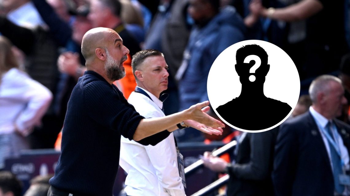 Manchester City manager Pep Guardiola with inset of mystery silhouette