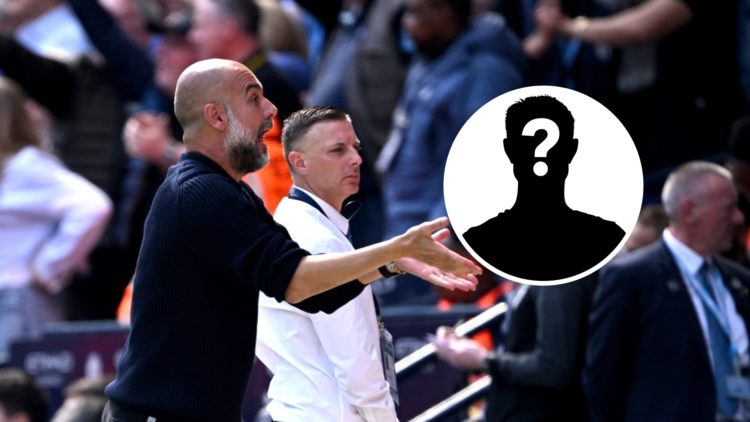 Manchester City manager Pep Guardiola with inset of mystery silhouette