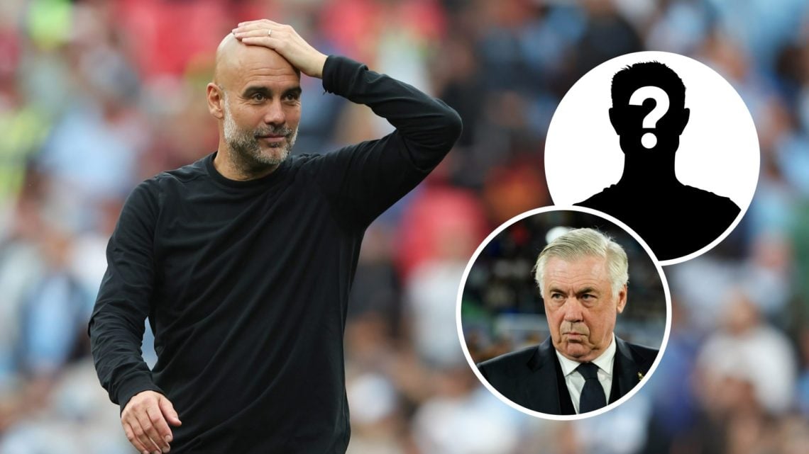 Pep Guardiola with his hand on his forehead (main image) mystery player inset (top right corner) inset of Carlo Ancelotti looking concerned (bottom...