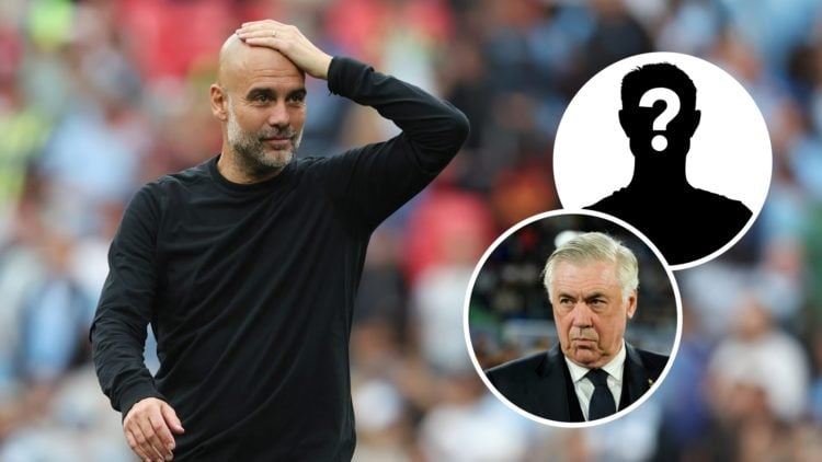Pep Guardiola with his hand on his forehead (main image) mystery player inset (top right corner) inset of Carlo Ancelotti looking concerned (bottom...